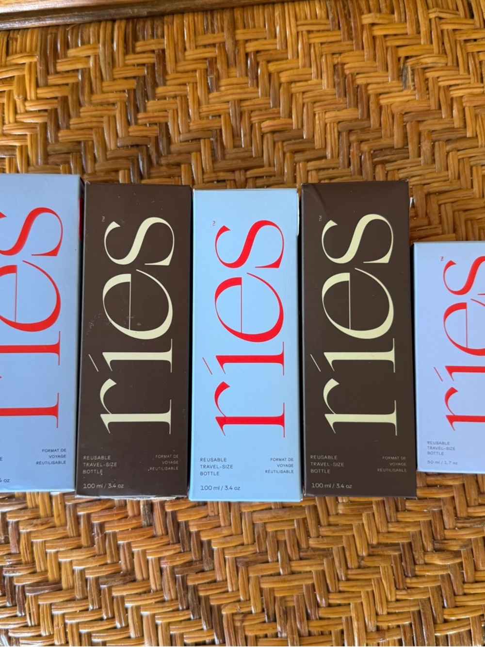 RIES Refillable Toiletry Travel Bottles Set of 5 Runaway Blue & Plum Brown